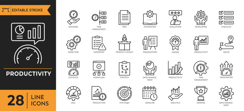Productivity outline icon set. Containing organize, launch, growth, time management, bell, strategy, target, and more. editable stroke. vector illustration