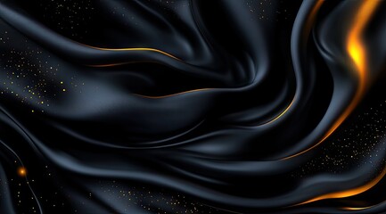 Fototapeta premium Luxurious dark fabric draped in flowing waves, highlighted by golden specks and streaks