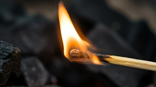 Close-up of wooden matchstick with bright orange flame and smoke, held horizontally against blurred dark background