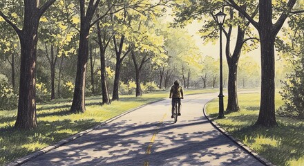 Fototapeta premium Person Cycling on Road Through Tree Lined Park Sunny Day