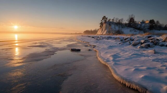 Icy shoreline at sunrise with mist over the water and a bluff covered in snow and trees on the horizon