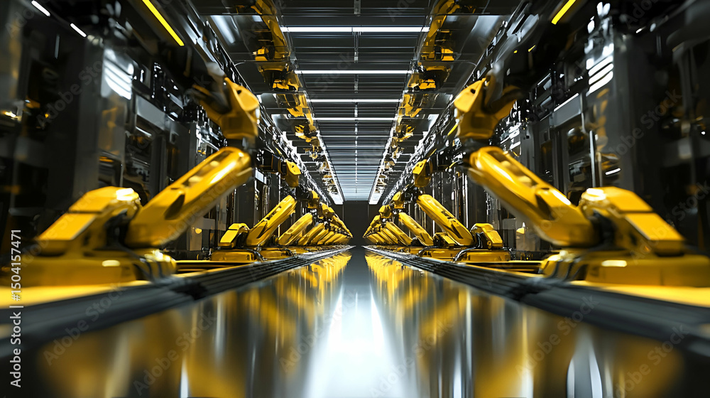 Poster futuristic robot assembly line in a modern factory