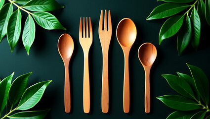 Elegant Wooden Utensils on Green Fabric with Leaves – Natural Kitchen Flat Lay Photography
