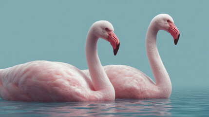 Naklejka premium A pair of flamingos swimming in shallow water against a backdrop of plain color