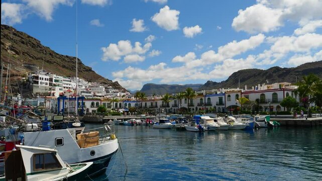 Puerto Mogan with boat and mountain in Gran Canaria, Spain