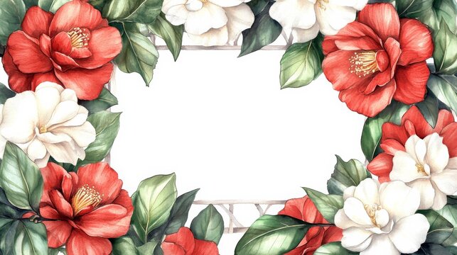 A luxurious watercolor illustration of a rectangular frame featuring a romantic mix of red camellias and white gardenias, their leaves creating an intricate weave