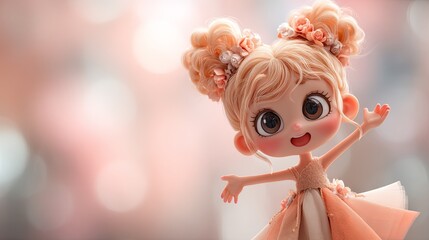 Fototapeta premium Cute Kawaii Doll in Pink Dress and Bow