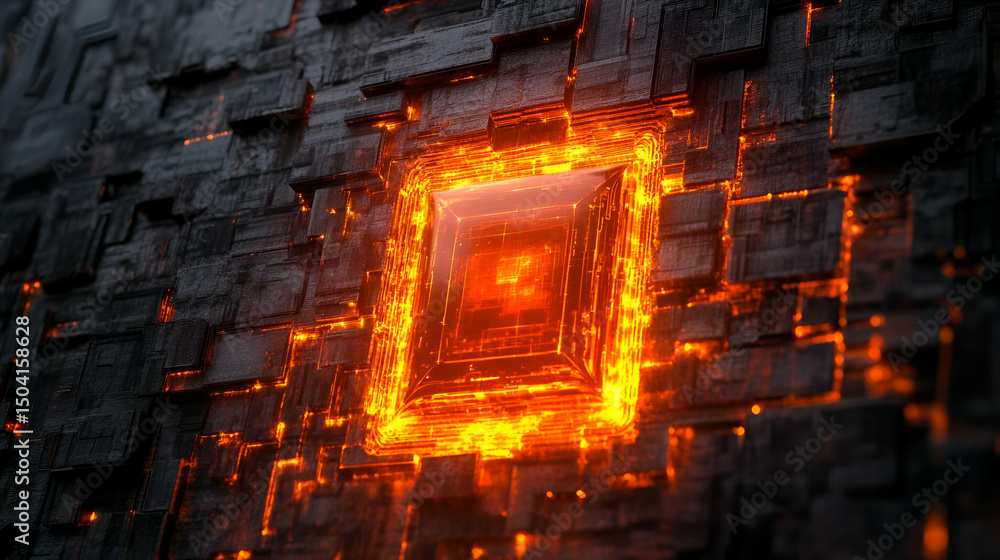 Poster glowing orange cube embedded in dark stone blocks