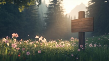 Naklejka premium A highly detailed photorealistic wood sign post standing on lush green meadow surrounded by wildflowers tall grass dappled sunlight soft golden hour lighting tranquil inviting atmosphere