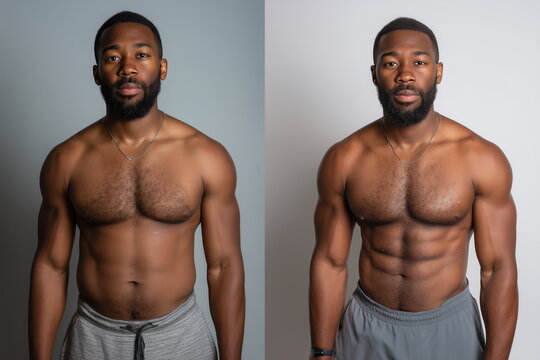 Side-by-side comparison of a black man’s physique before and after a 12-week fitness program, same pose and lighting, muscle tone visibly improved, clean white background, body transformation.