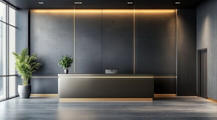 Modern lobby reception desk with dark gray walls and accents