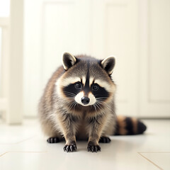 raccoon indoor on white tile floor, cute animal in house
