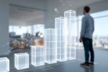 Businessman standing next to a rising bar chart hologram, digital interface glowing in front of a modern office background, symbolizing company business progress.