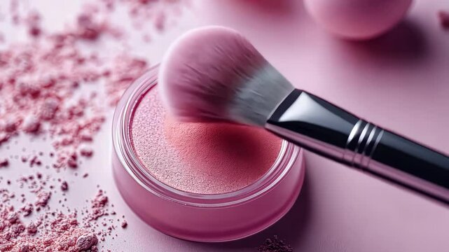 Close-up of pink makeup brush with powder on pink background for beauty, cosmetic concept.