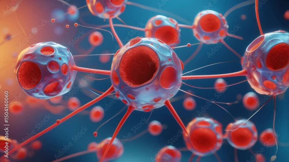 Poster abstract depiction of red and blue stem cells interconnected by thin structures, symbolizing cellula