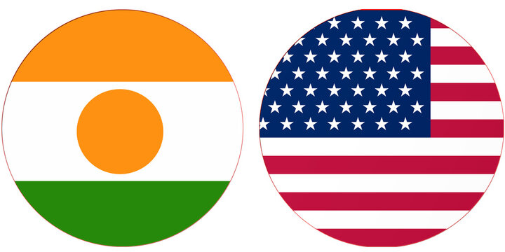Niger Official Flag with USA United State of America National flag, both countries flags are in Round shape and isolated on white background, Circular colorful design Flag with together.