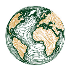 World map with Globe Line Drawing. Hand-drawn Earth Globe Sketch. Earth A HandDrawn Flat Illustration of Our Blue Planet. Simplified Globe Representation Earth's Continents and Oceans.  © Armine