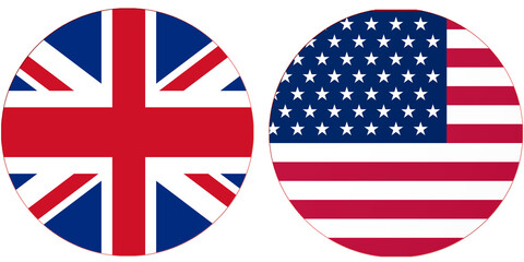 United Kingdom UK Official Flag with USA United State of America National flag, both countries flags are in Round shape and isolated on white background, Circular colorful design Flag with together.