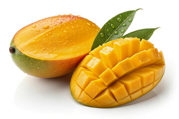 Fresh Ripe Mango with Slices and Leaves on White Background &ndash; Tropical Fruit Concept