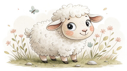 Obraz premium Little Sheep on Green Meadow Hand Drawn Watercolor Lamb Clipart for Kids’ Farm Design