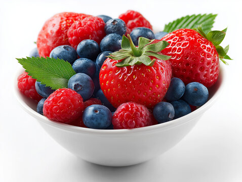 White bowl with delicious strawberries, blueberries and raspberries, vivid colors, white background, 8K, ultra hd, high quality