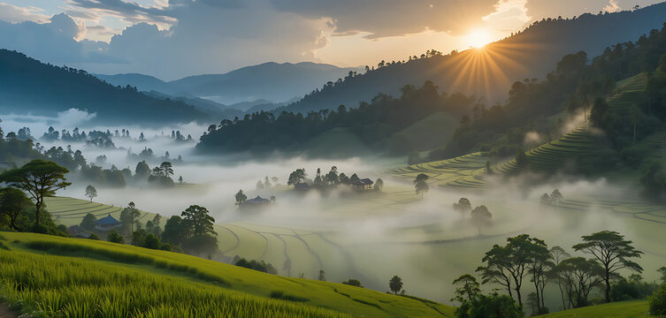 Ziro Valley covered in morning mist, lush paddy fields and bamboo houses, forested hills surrounding the valley, tribal culture elements visible, golden sunlight breaking through clouds.
