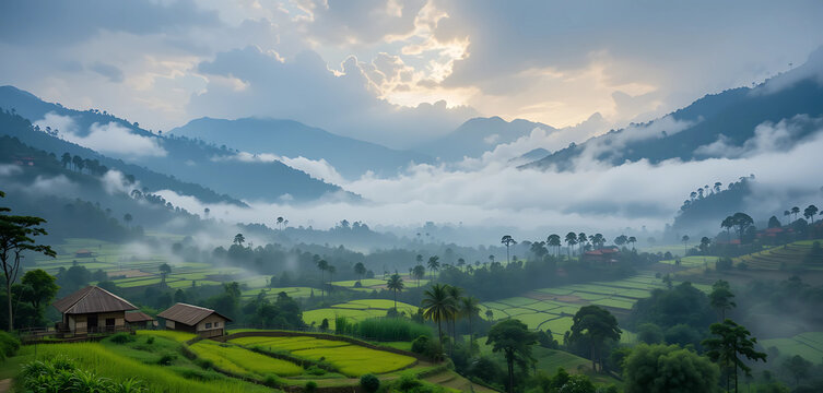 Ziro Valley covered in morning mist, lush paddy fields and bamboo houses, forested hills surrounding the valley, tribal culture elements visible, golden sunlight breaking through clouds.