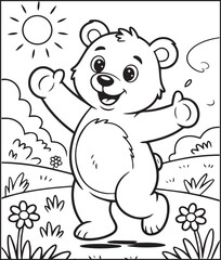 Fototapeta premium Cute cartoon cheerful bear dancing in nature drawing line art vector for children animal coloring book design