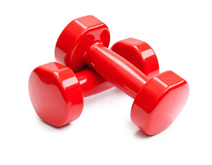 Two red dumbbells lying on a white background representing fitness and healthy lifestyle