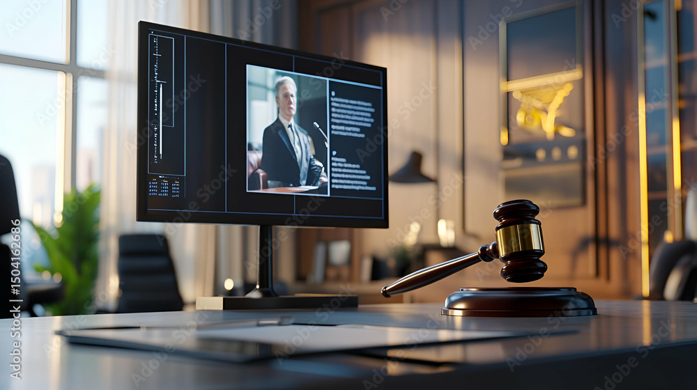 Poster judge on computer screen with gavel in modern office