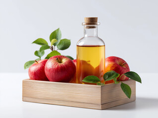 Red apples and apple cider vinegar bottle in a wooden box on a white table with a clean white background, front view. A full bottle of organic, natural apple cider vinegar, isolated as a mockup templa