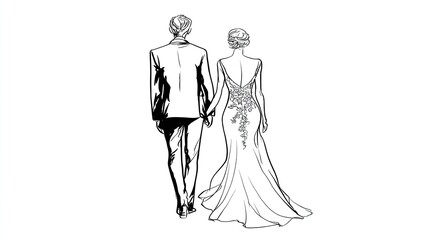 Simple line art drawing of the bride and groom walking away from the camera, white background