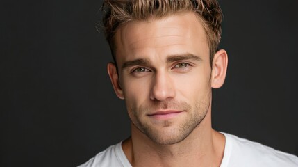 Fototapeta premium A photograph of the handsome face and headshot portrait of an attractive young man with short, light brown hair