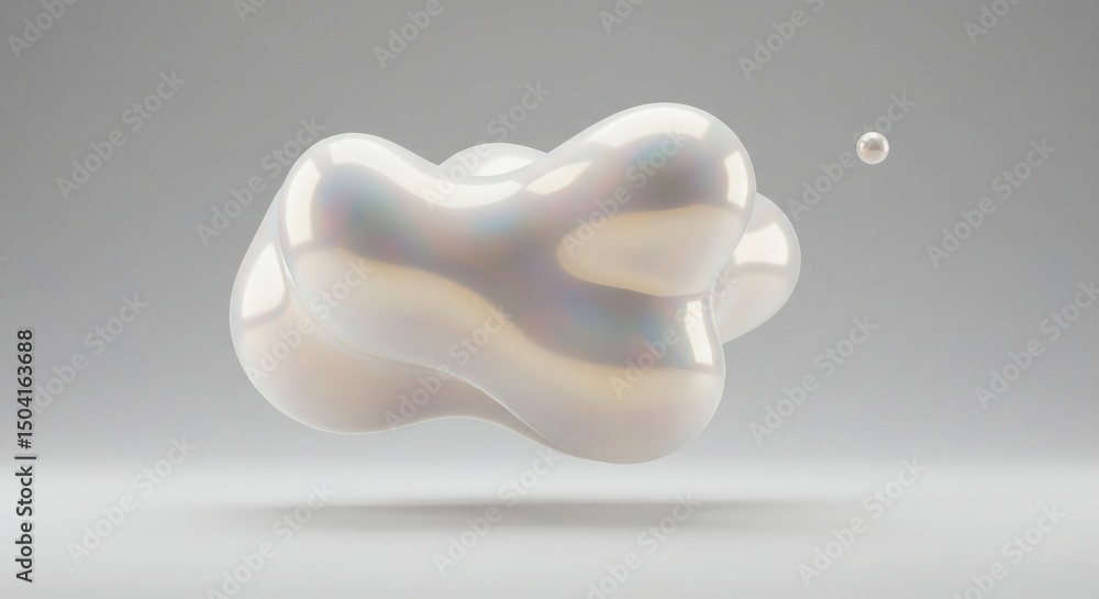 Poster iridescent blob and sphere: abstract pearl-like forms in soft gray studio