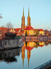 Beautiful reflection of the St. John the Baptist Archcathedral at the Cathedral Island, Wroclaw