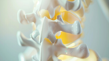 Close-Up of Human Spine Model with Highlighted Injury Area Under Soft Medical Office Lighting Focusing on Damaged Vertebrae