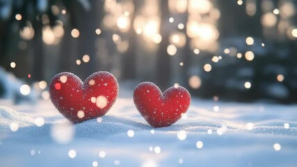 Two red hearts in fresh snow during winter season background - Powered by Adobe