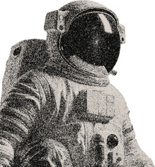 minimalist vector illustration of an astronaut, designed using a halftone shading technique. The character is depicted in a classic space suit, combining clean vector lines with a retro-inspired