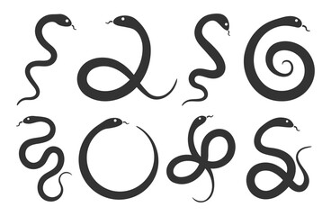 Snake silhouette icon symbol set. Collection of black snake shapes in various positions. Vector illustration images. Isolated on white background.
