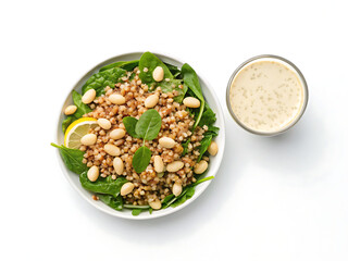 Healthy eating is shown with fresh salad of spinach, couscous, white beans and lemon slice on whitequinoa beans salad