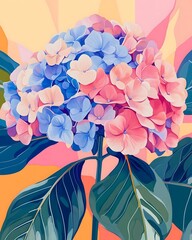 Hydrangea in Bloom: A vibrant and artistic depiction of a hydrangea flower, showcasing a delicate blend of pink and blue petals, surrounded by lush green leaves.