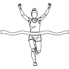 Triumphant female runner breaks the finish line tape with arms raised in victory, simple line drawing. Vector illustration