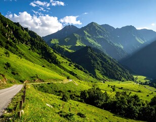 Obraz premium Breathtaking mountain landscape road green hills nature photography sunny day scenic viewpoint