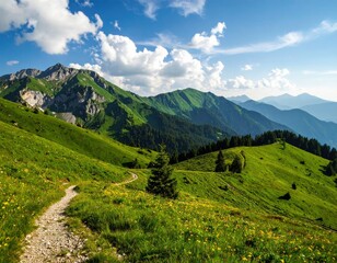 Naklejka premium Scenic hiking trail adventure mountain range landscape photography sunny environment aerial view nature's beauty