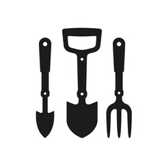 Black and White Vector Illustration of Gardening Tools: Shovel, Spade, and Fork for Garden Work