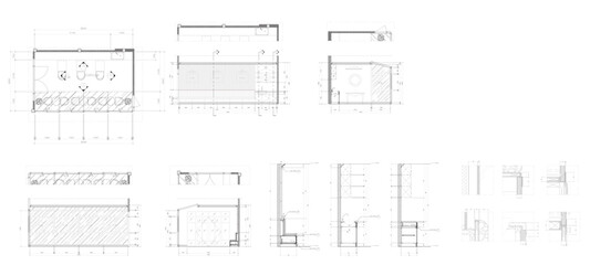 Drawings, interior decorations, section details, tearoom room, vector format