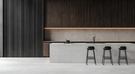 Modern kitchen design with dark wood accents and a light gray countertop