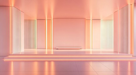 Minimalist, peach-toned interior design with glowing accent lines