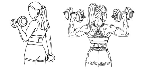 Two women lifting dumbbells, showing strength with focusing on biceps and shoulders, simple line drawing. Vector illustration
