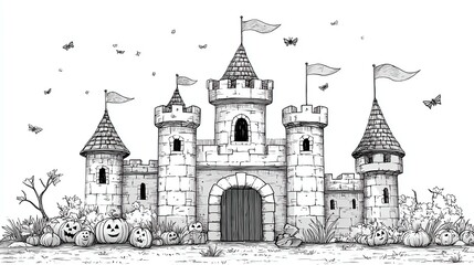 Obraz premium horror spooky halloween A whimsical black and white illustration of a fairy tale castle surrounded by pumpkins and plants. Perfect for Halloween themes and children's decor.